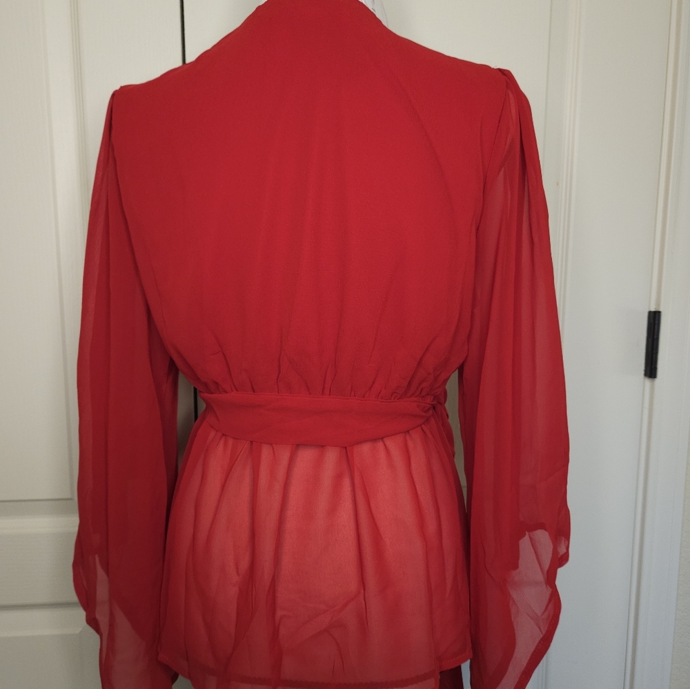 Chiffon-Like Red Top with Bell Sleeves and Gold Details around Neckline - Picture 3 of 11